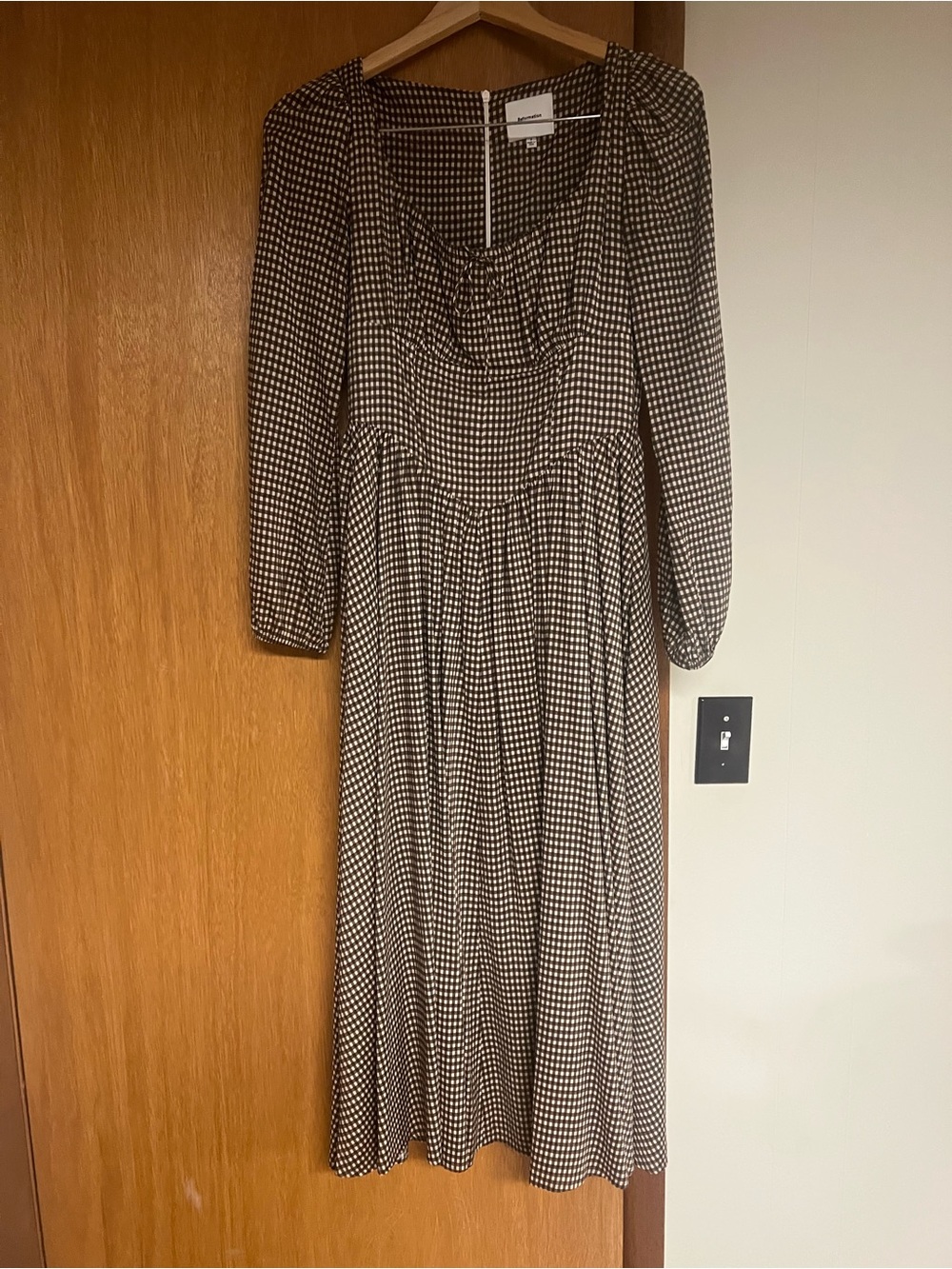 Reformation Black and White Checked Long-Sleeve Midi Dress